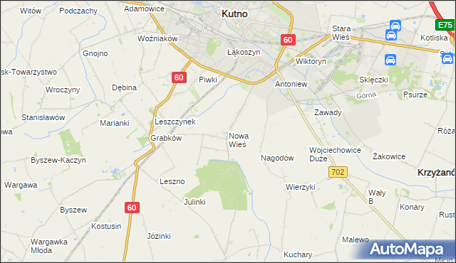 mapa Nowa Wieś gmina Kutno, Nowa Wieś gmina Kutno na mapie Targeo