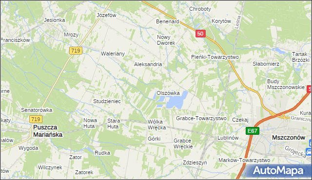 mapa Olszówka gmina Mszczonów, Olszówka gmina Mszczonów na mapie Targeo