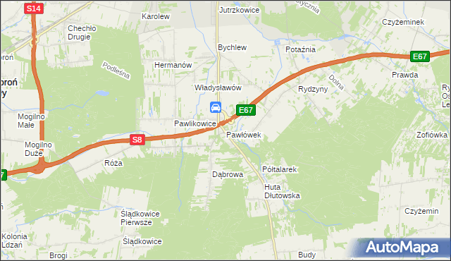 mapa Pawłówek gmina Dłutów, Pawłówek gmina Dłutów na mapie Targeo