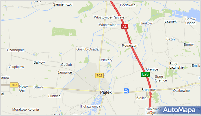mapa Piekary gmina Piątek, Piekary gmina Piątek na mapie Targeo