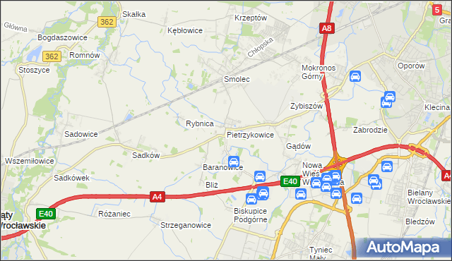 mapa Pietrzykowice gmina Kąty Wrocławskie, Pietrzykowice gmina Kąty Wrocławskie na mapie Targeo