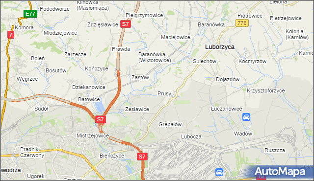 mapa Prusy gmina Kocmyrzów-Luborzyca, Prusy gmina Kocmyrzów-Luborzyca na mapie Targeo