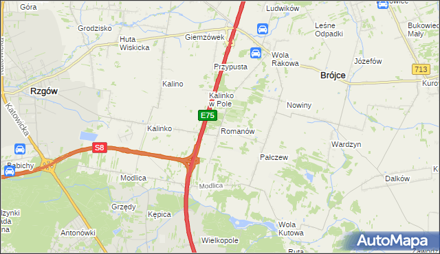 mapa Romanów gmina Rzgów, Romanów gmina Rzgów na mapie Targeo