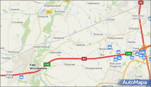 mapa Sadków gmina Kąty Wrocławskie, Sadków gmina Kąty Wrocławskie na mapie Targeo