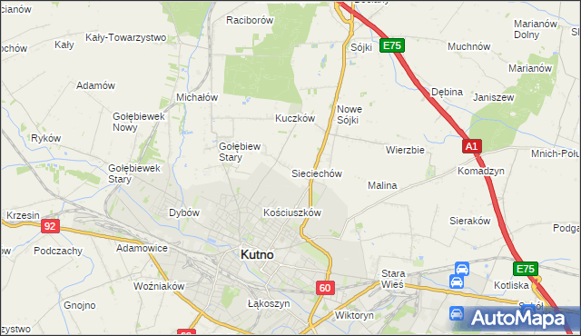 mapa Sieciechów gmina Kutno, Sieciechów gmina Kutno na mapie Targeo