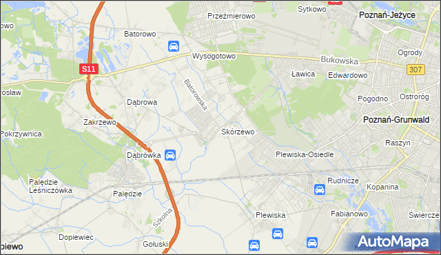 mapa Skórzewo gmina Dopiewo, Skórzewo gmina Dopiewo na mapie Targeo