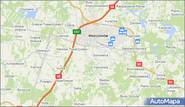 mapa Sosnowica gmina Mszczonów, Sosnowica gmina Mszczonów na mapie Targeo