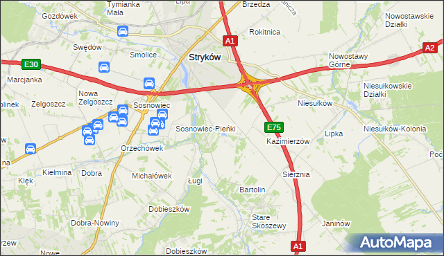 mapa Warszewice gmina Stryków, Warszewice gmina Stryków na mapie Targeo