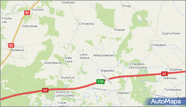 mapa Władysławowo gmina Lwówek, Władysławowo gmina Lwówek na mapie Targeo