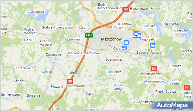 mapa Wymysłów gmina Mszczonów, Wymysłów gmina Mszczonów na mapie Targeo