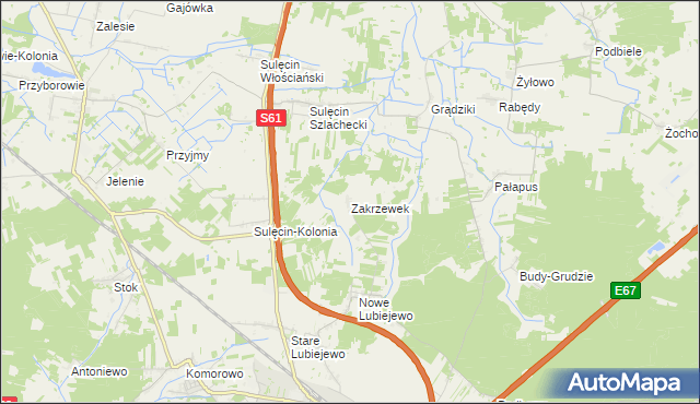 mapa Zakrzewek gmina Ostrów Mazowiecka, Zakrzewek gmina Ostrów Mazowiecka na mapie Targeo