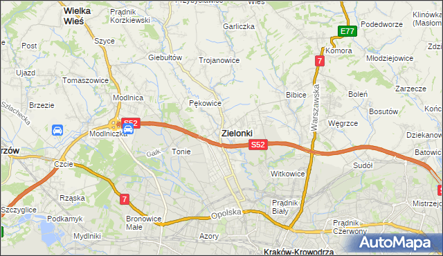 mapa Zielonki powiat krakowski, Zielonki powiat krakowski na mapie Targeo
