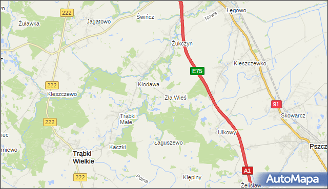 mapa Zła Wieś gmina Trąbki Wielkie, Zła Wieś gmina Trąbki Wielkie na mapie Targeo