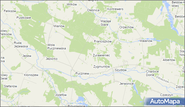 mapa Żurawieniec gmina Lutomiersk, Żurawieniec gmina Lutomiersk na mapie Targeo