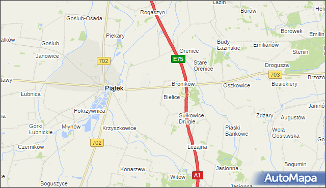 mapa Bielice gmina Piątek, Bielice gmina Piątek na mapie Targeo