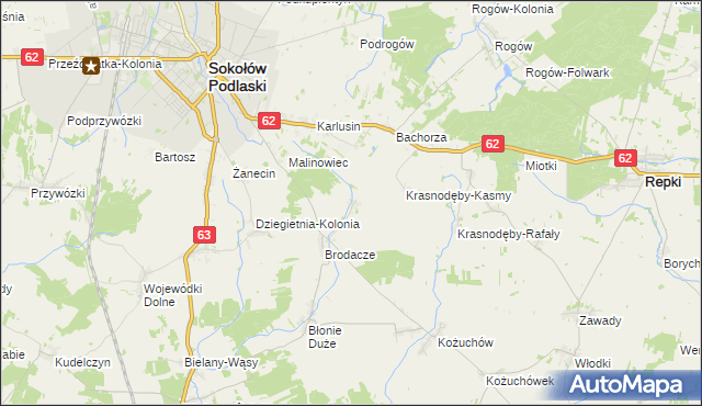 mapa Krasnodęby-Sypytki, Krasnodęby-Sypytki na mapie Targeo