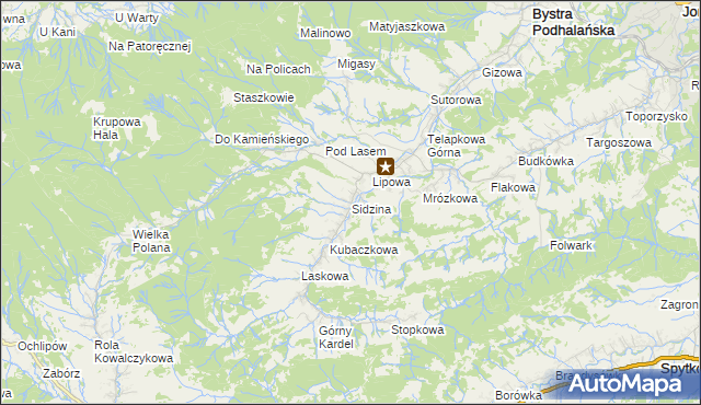 mapa Sidzina gmina Bystra-Sidzina, Sidzina gmina Bystra-Sidzina na mapie Targeo