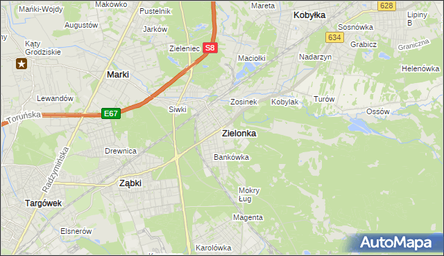 mapa Zielonka powiat wołomiński, Zielonka powiat wołomiński na mapie Targeo