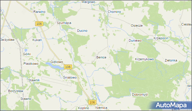 mapa Benice gmina Kamień Pomorski, Benice gmina Kamień Pomorski na mapie Targeo