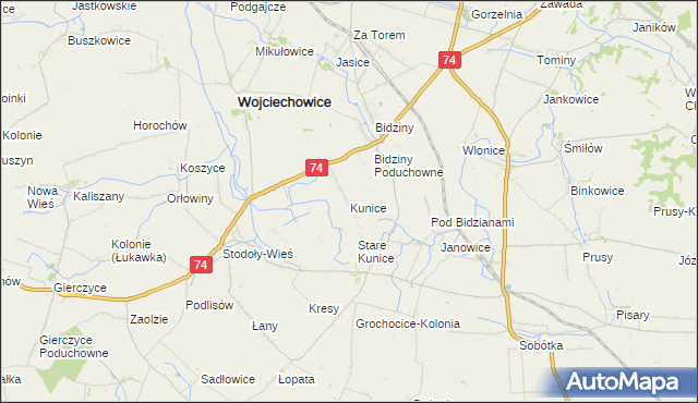 mapa Kunice gmina Wojciechowice, Kunice gmina Wojciechowice na mapie Targeo