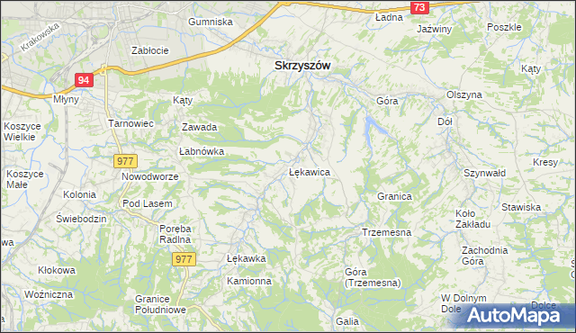 mapa Łękawica gmina Skrzyszów, Łękawica gmina Skrzyszów na mapie Targeo