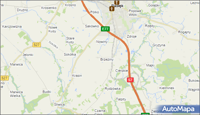 mapa Brzeziny gmina Pasłęk, Brzeziny gmina Pasłęk na mapie Targeo