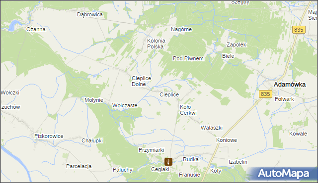 mapa Cieplice gmina Adamówka, Cieplice gmina Adamówka na mapie Targeo