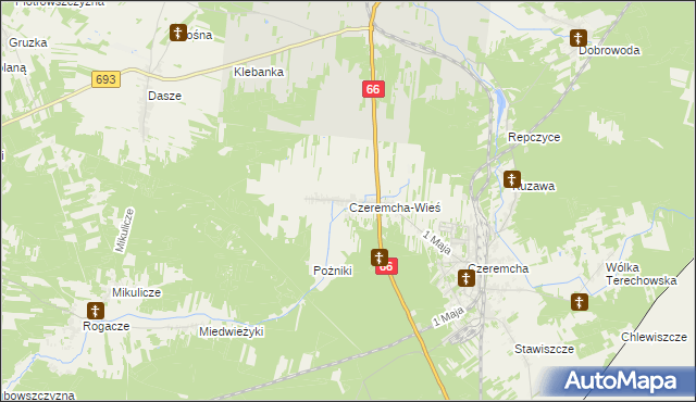 mapa Czeremcha-Wieś, Czeremcha-Wieś na mapie Targeo