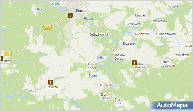 mapa Dębiny gmina Narol, Dębiny gmina Narol na mapie Targeo
