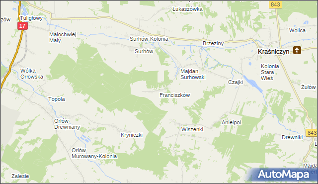 mapa Franciszków gmina Kraśniczyn, Franciszków gmina Kraśniczyn na mapie Targeo