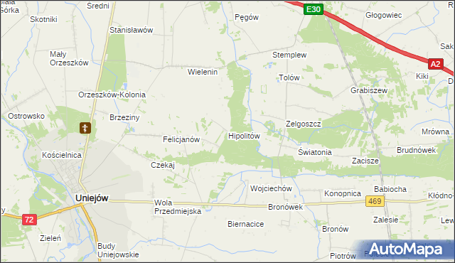 mapa Hipolitów gmina Uniejów, Hipolitów gmina Uniejów na mapie Targeo