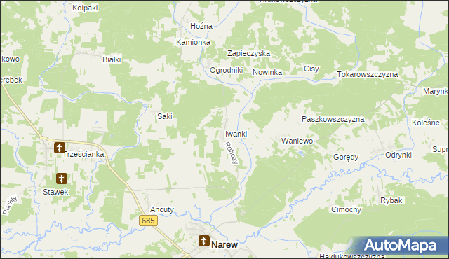 mapa Iwanki gmina Narew, Iwanki gmina Narew na mapie Targeo