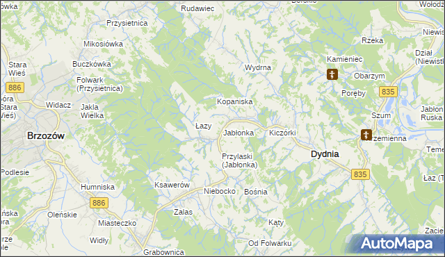 mapa Jabłonka gmina Dydnia, Jabłonka gmina Dydnia na mapie Targeo