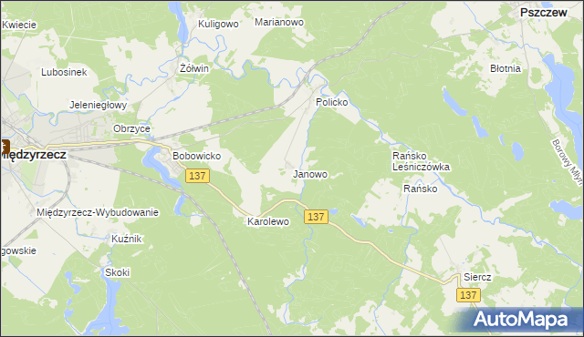 mapa Janowo gmina Pszczew, Janowo gmina Pszczew na mapie Targeo