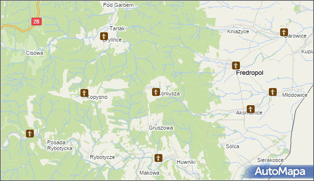 mapa Koniusza gmina Fredropol, Koniusza gmina Fredropol na mapie Targeo