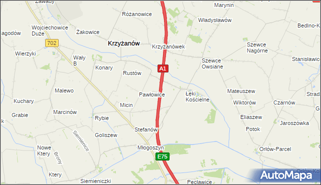 mapa Łęki Górne gmina Krzyżanów, Łęki Górne gmina Krzyżanów na mapie Targeo