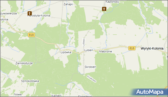 mapa Lubień gmina Wyryki, Lubień gmina Wyryki na mapie Targeo
