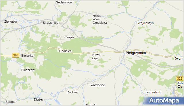 mapa Nowe Łąki gmina Pielgrzymka, Nowe Łąki gmina Pielgrzymka na mapie Targeo