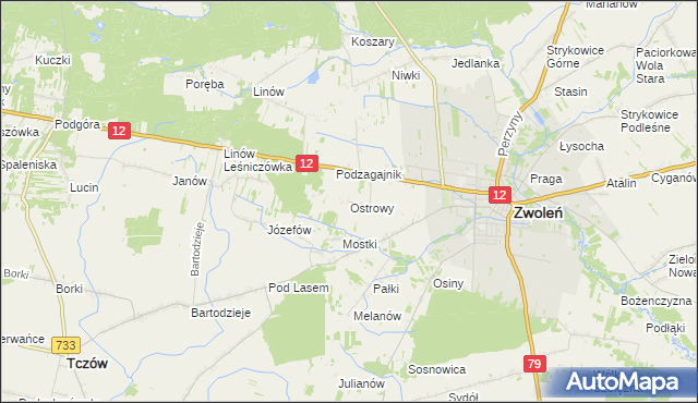 mapa Ostrowy gmina Zwoleń, Ostrowy gmina Zwoleń na mapie Targeo