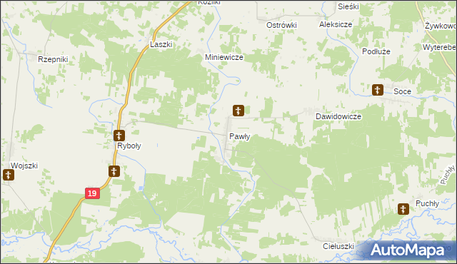 mapa Pawły gmina Zabłudów, Pawły gmina Zabłudów na mapie Targeo