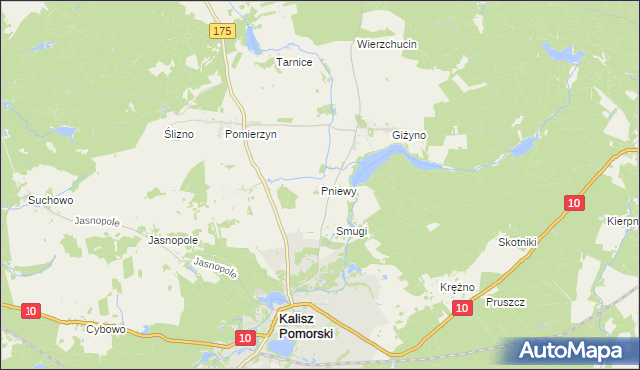 mapa Pniewy gmina Kalisz Pomorski, Pniewy gmina Kalisz Pomorski na mapie Targeo
