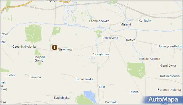 mapa Poddąbrowa gmina Miączyn, Poddąbrowa gmina Miączyn na mapie Targeo