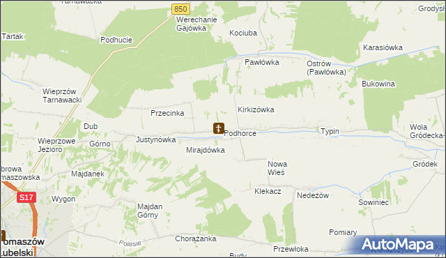 mapa Podhorce gmina Tomaszów Lubelski, Podhorce gmina Tomaszów Lubelski na mapie Targeo