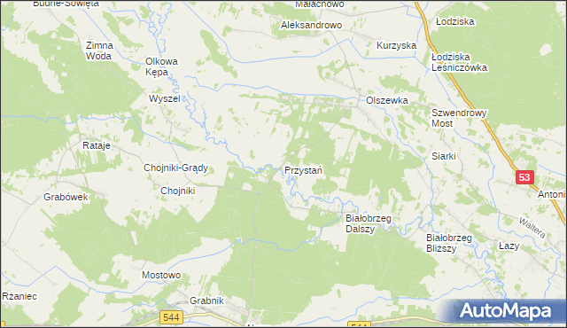 mapa Przystań gmina Olszewo-Borki, Przystań gmina Olszewo-Borki na mapie Targeo