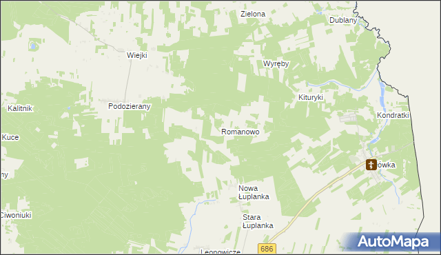 mapa Romanowo gmina Michałowo, Romanowo gmina Michałowo na mapie Targeo