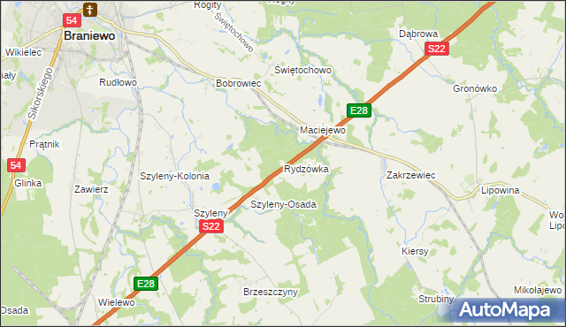 mapa Rydzówka gmina Braniewo, Rydzówka gmina Braniewo na mapie Targeo