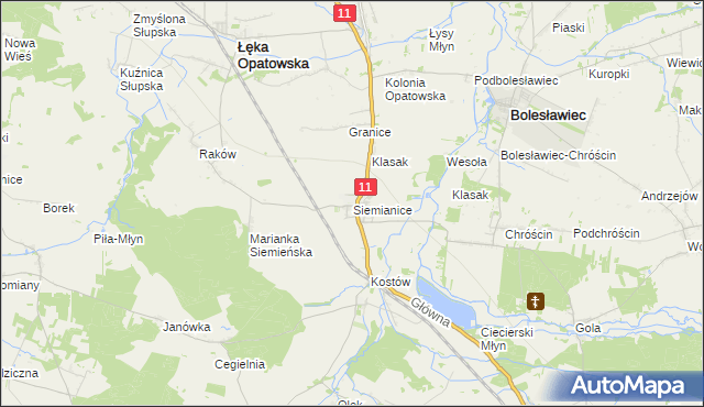 mapa Siemianice gmina Łęka Opatowska, Siemianice gmina Łęka Opatowska na mapie Targeo