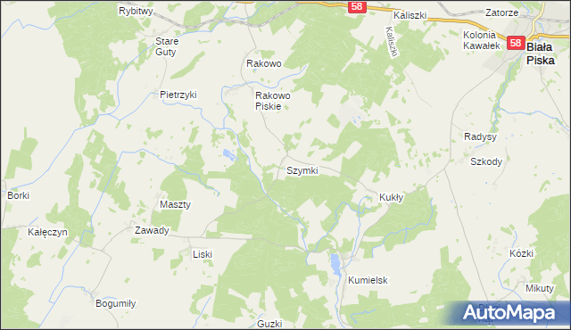 mapa Szymki gmina Biała Piska, Szymki gmina Biała Piska na mapie Targeo