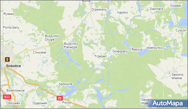 mapa Trzebień gmina Bobolice, Trzebień gmina Bobolice na mapie Targeo