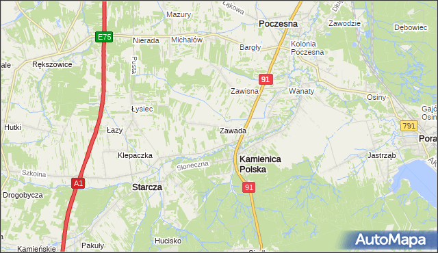 mapa Zawada gmina Kamienica Polska, Zawada gmina Kamienica Polska na mapie Targeo